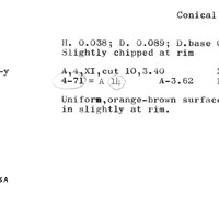 Index card with typed and handwritten information, sometimes including a sketch, of pottery from an excavation.