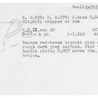 Index card with typed and handwritten information, sometimes including a sketch, of pottery from an excavation.