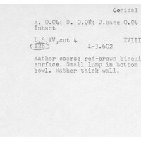 Index card with typed and handwritten information, sometimes including a sketch, of pottery from an excavation.