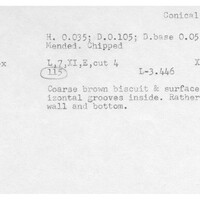 Index card with typed and handwritten information, sometimes including a sketch, of pottery from an excavation.