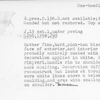 Index card with typed and handwritten information, sometimes including a sketch, of pottery from an excavation.