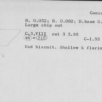 Index card with typed and handwritten information, sometimes including a sketch, of pottery from an excavation.