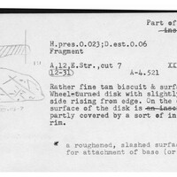 Index card with typed and handwritten information, sometimes including a sketch, of pottery from an excavation.