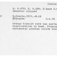 Index card with typed and handwritten information, sometimes including a sketch, of pottery from an excavation.