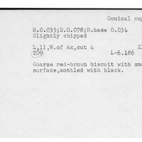 Index card with typed and handwritten information, sometimes including a sketch, of pottery from an excavation.