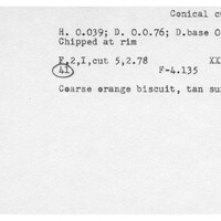 Index card with typed and handwritten information, sometimes including a sketch, of pottery from an excavation.