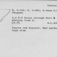 Index card with typed and handwritten information, sometimes including a sketch, of pottery from an excavation.