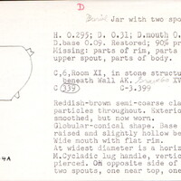 Index card with typed and handwritten information, sometimes including a sketch, of pottery from an excavation.