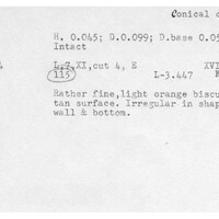 Index card with typed and handwritten information, sometimes including a sketch, of pottery from an excavation.