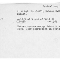 Index card with typed and handwritten information, sometimes including a sketch, of pottery from an excavation.