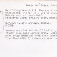 Index card with typed and handwritten information, sometimes including a sketch, of pottery from an excavation.