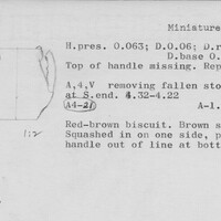 Index card with typed and handwritten information, sometimes including a sketch, of pottery from an excavation.