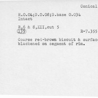 Index card with typed and handwritten information, sometimes including a sketch, of pottery from an excavation.