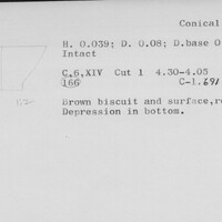 Index card with typed and handwritten information, sometimes including a sketch, of pottery from an excavation.