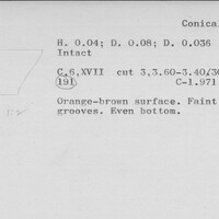 Index card with typed and handwritten information, sometimes including a sketch, of pottery from an excavation.