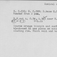 Index card with typed and handwritten information, sometimes including a sketch, of pottery from an excavation.