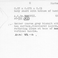 Index card with typed and handwritten information, sometimes including a sketch, of pottery from an excavation.
