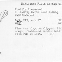 Index card with typed and handwritten information, sometimes including a sketch, of pottery from an excavation.
