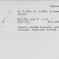 Index card with typed and handwritten information, sometimes including a sketch, of pottery from an excavation.