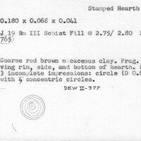 Index card with typed and handwritten information, sometimes including a sketch, of pottery from an excavation.