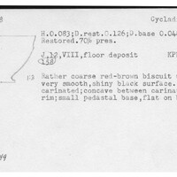 Index card with typed and handwritten information, sometimes including a sketch, of pottery from an excavation.