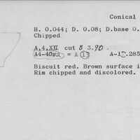 Index card with typed and handwritten information, sometimes including a sketch, of pottery from an excavation.