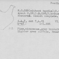 Index card with typed and handwritten information, sometimes including a sketch, of pottery from an excavation.