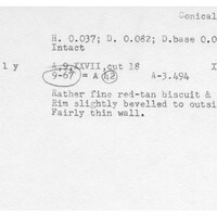 Index card with typed and handwritten information, sometimes including a sketch, of pottery from an excavation.