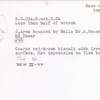 Index card with typed and handwritten information, sometimes including a sketch, of pottery from an excavation.