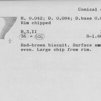 Index card with typed and handwritten information, sometimes including a sketch, of pottery from an excavation.