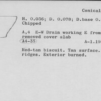 Index card with typed and handwritten information, sometimes including a sketch, of pottery from an excavation.