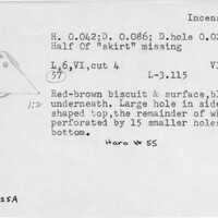 Index card with typed and handwritten information, sometimes including a sketch, of pottery from an excavation.