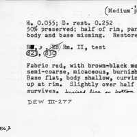 Index card with typed and handwritten information, sometimes including a sketch, of pottery from an excavation.