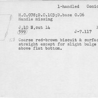 Index card with typed and handwritten information, sometimes including a sketch, of pottery from an excavation.