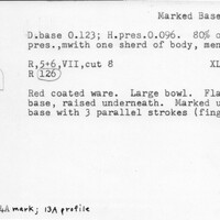 Index card with typed and handwritten information, sometimes including a sketch, of pottery from an excavation.