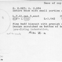 Index card with typed and handwritten information, sometimes including a sketch, of pottery from an excavation.