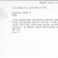 Index card with typed and handwritten information, sometimes including a sketch, of pottery from an excavation.