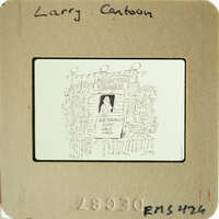 Cartoon depicting "disaster village" where there are earthquakes every half hour. Signed by a certain Larry.