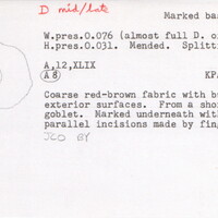 Index card with typed and handwritten information, sometimes including a sketch, of pottery from an excavation.