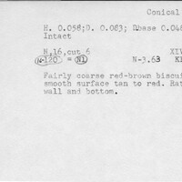 Index card with typed and handwritten information, sometimes including a sketch, of pottery from an excavation.