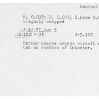 Index card with typed and handwritten information, sometimes including a sketch, of pottery from an excavation.