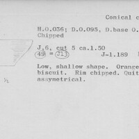 Index card with typed and handwritten information, sometimes including a sketch, of pottery from an excavation.