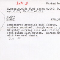 Index card with typed and handwritten information, sometimes including a sketch, of pottery from an excavation.