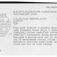 Index card with typed and handwritten information, sometimes including a sketch, of pottery from an excavation.