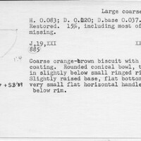 Index card with typed and handwritten information, sometimes including a sketch, of pottery from an excavation.