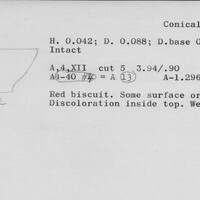 Index card with typed and handwritten information, sometimes including a sketch, of pottery from an excavation.