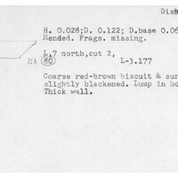 Index card with typed and handwritten information, sometimes including a sketch, of pottery from an excavation.
