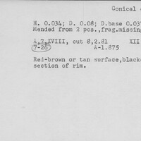 Index card with typed and handwritten information, sometimes including a sketch, of pottery from an excavation.