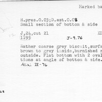 Index card with typed and handwritten information, sometimes including a sketch, of pottery from an excavation.
