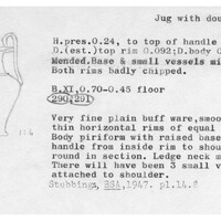 Index card with typed and handwritten information, sometimes including a sketch, of pottery from an excavation.